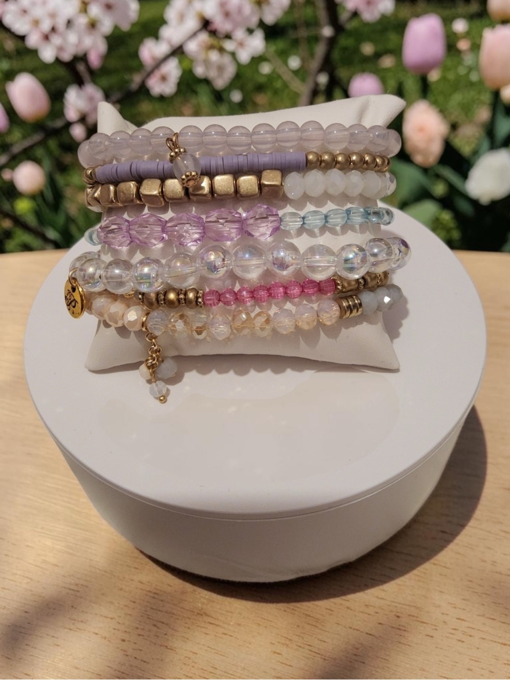 Pastel Beaded Boho Bracelet Stack with Gold Accents